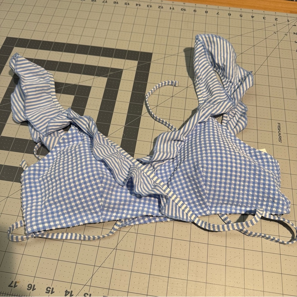 Blue and White Gingham Ruffle Bikini Top